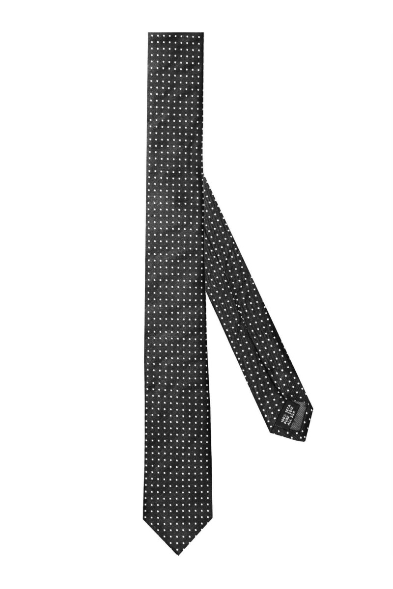 Cravate fine noire à puces en pure soie