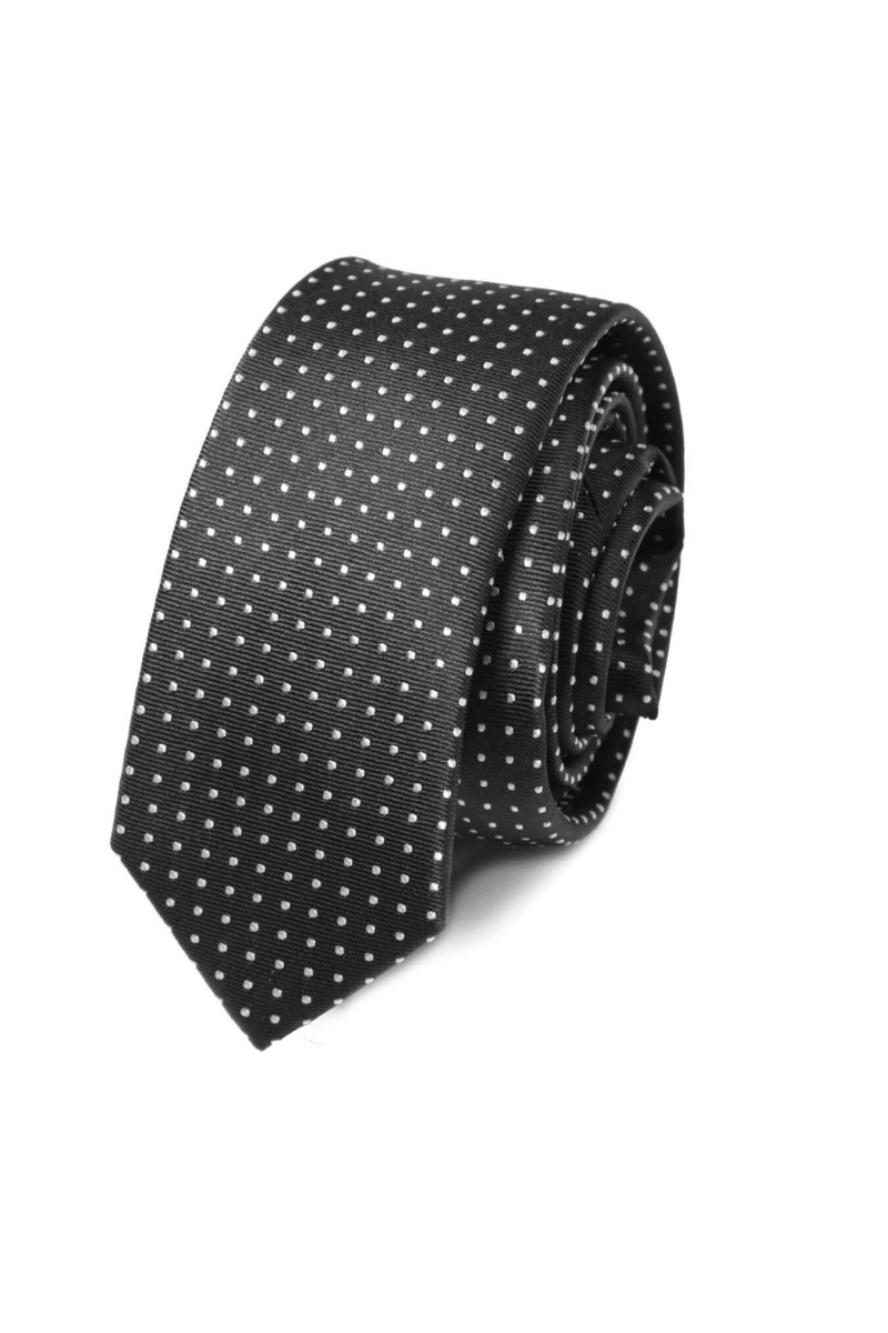Cravate fine noire à puces en pure soie