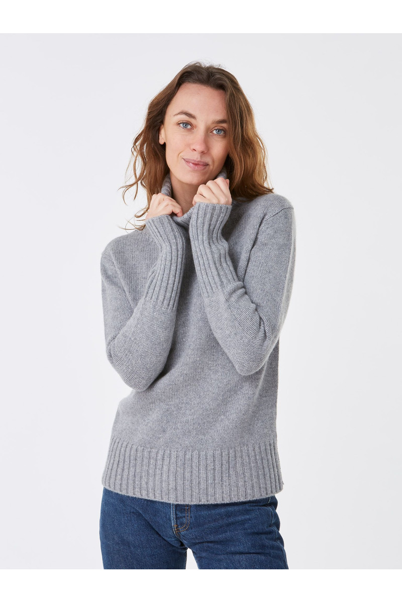 Pull femme col roule fantaisie en laine et cachemire