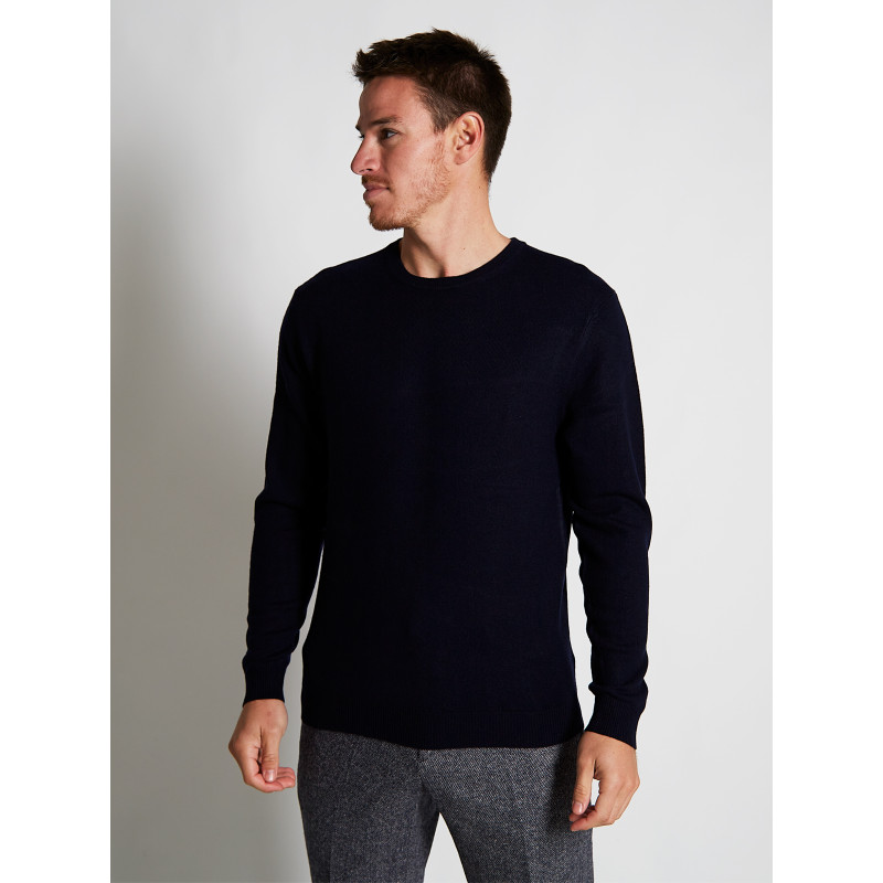 Pull homme col rond en laine et cachemire fin jauge 12