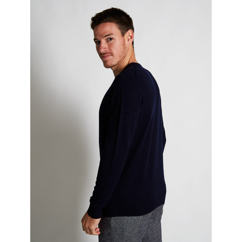 Pull homme col rond en laine et cachemire fin jauge 12