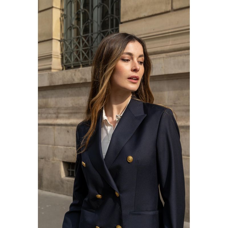 Blazer Corinne croisé long pure laine à boutons dorés